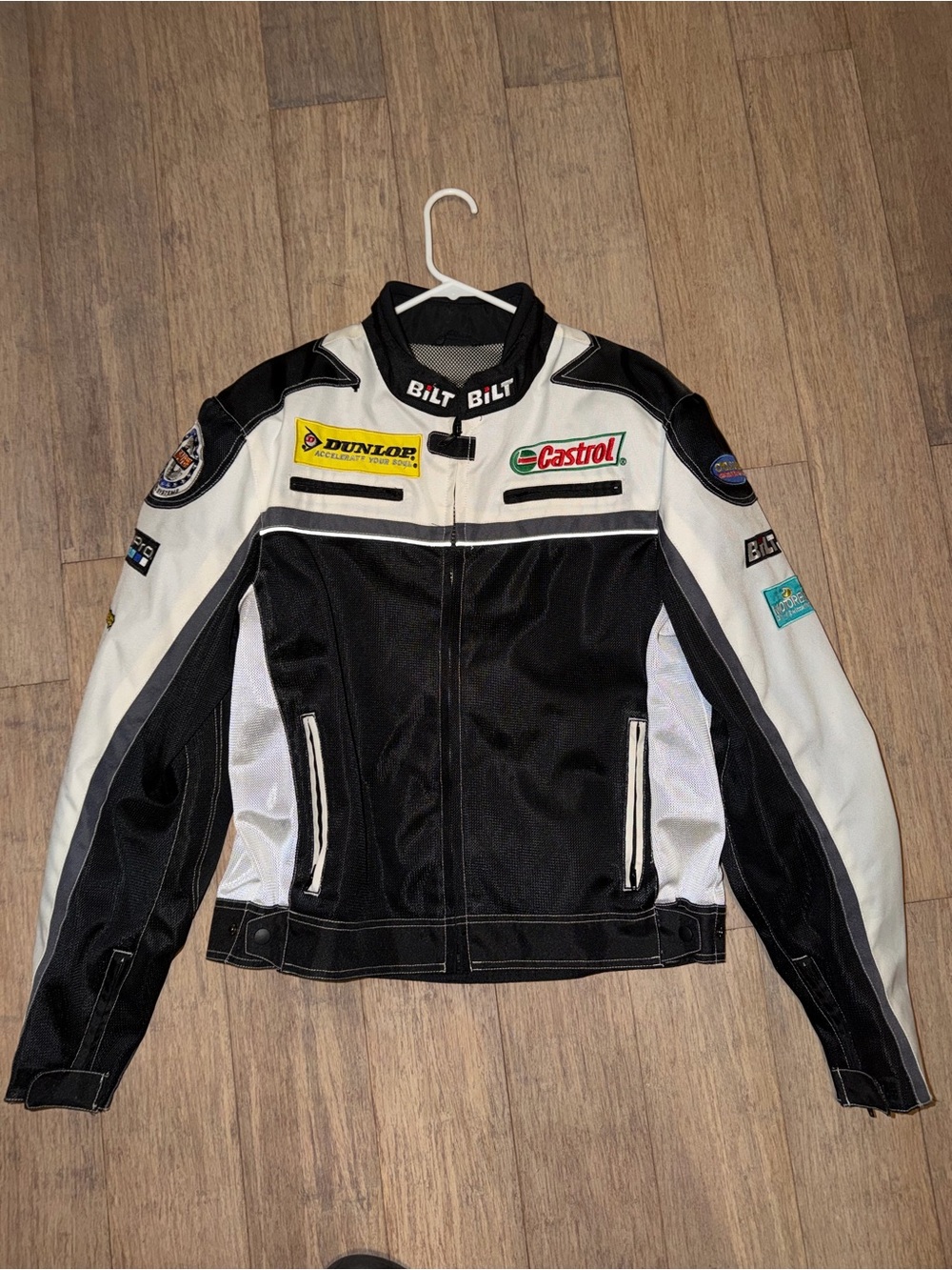 BILT Black & White Racing Motorcycle Jacket with Patch Logos